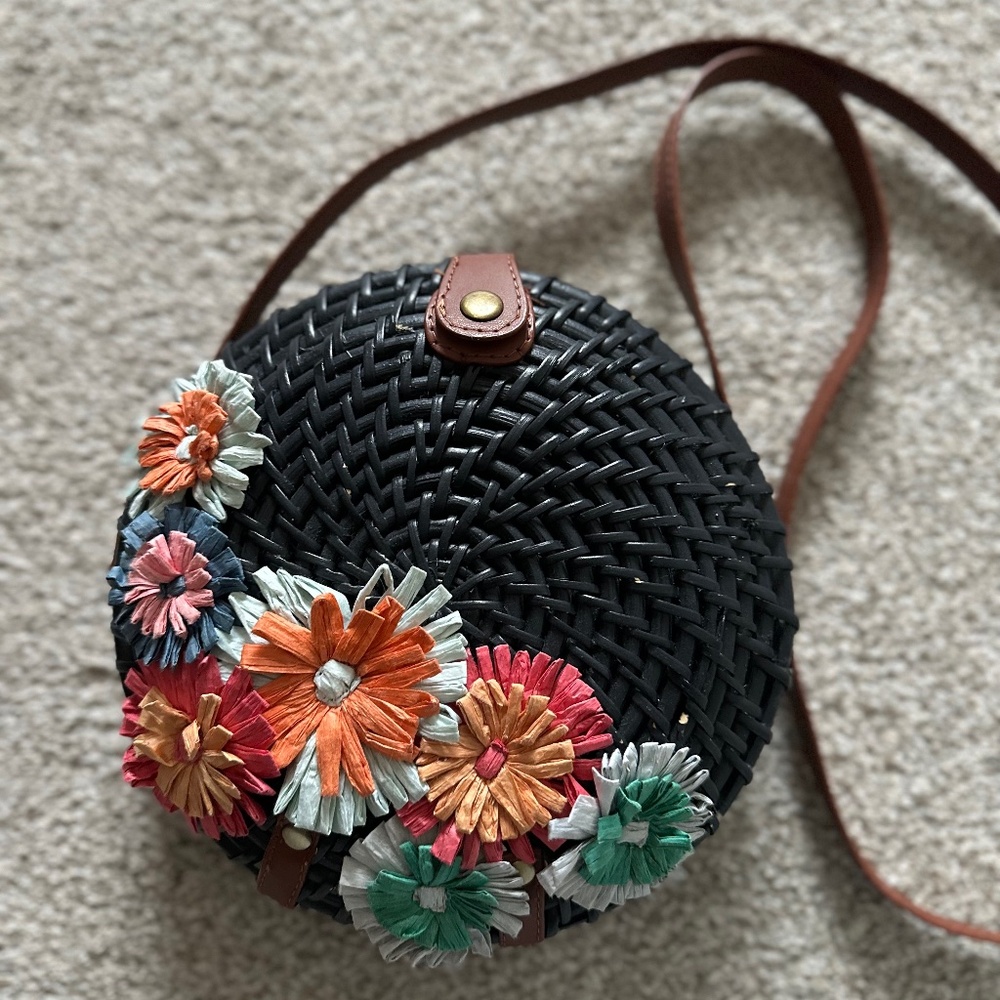 J. Crew Black Woven Round Crossbody Bag with Multicolor Floral Accents